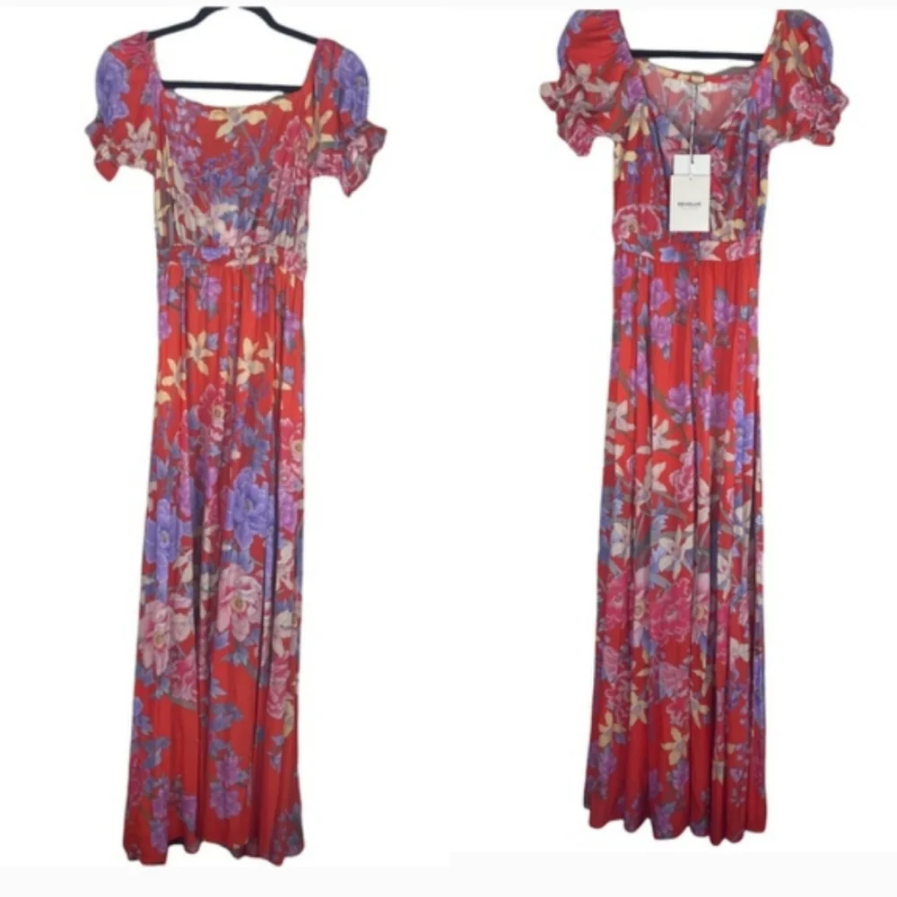 New Spell x Revolve Lily Gown Red Floral M Maxi Dress Ruched Designs Exclusive